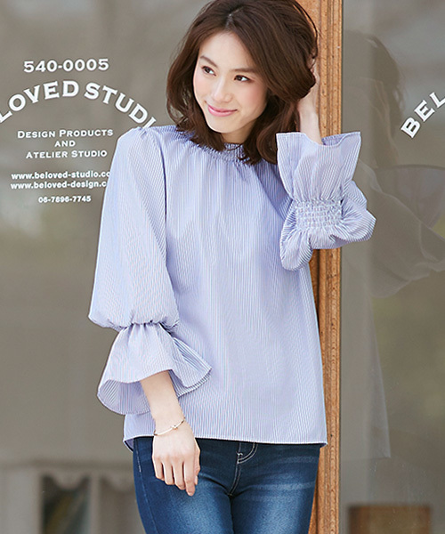 Pierrot(ピエロ)の「キャンディースリーブストライプ柄ブラウス/袖コンシャス(シャツ/ブラウス・レディース・ネイビー/ブルー・M)」の12枚目の写真