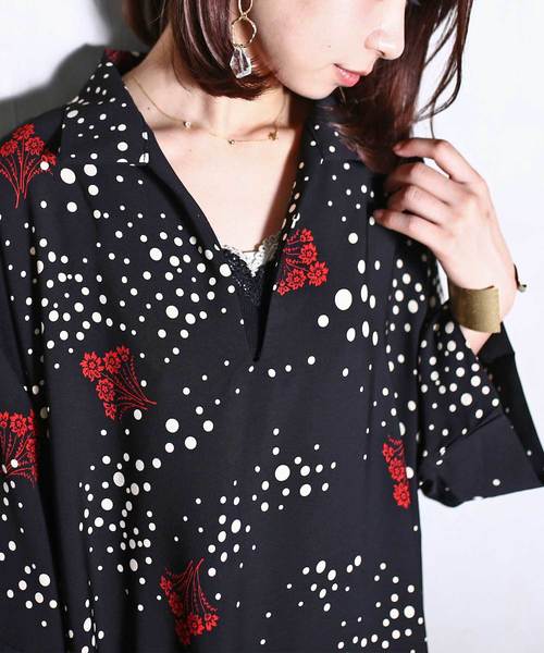 アンティカ　モノクロ花柄ロングシャツワンピース antiqua（アンティカ）の「花柄デザインシャツワンピース