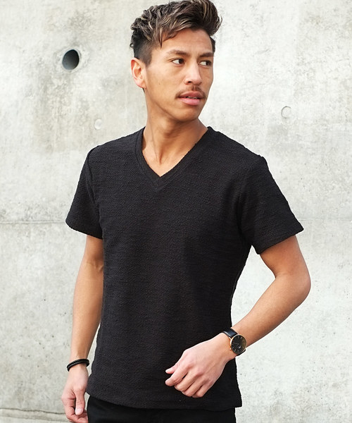 GOSTAR DE FUGA（ゴスタール ジフーガ）の「ランダムツイスト半袖VネックTシャツ/カットソー（Tシャツ/カットソー・メンズ・ホワイト/ブラック/ミックスグレー・M/L）」の2枚目の写真