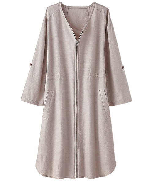 BELLUNA（ベルーナ）の「綿レーヨン麻素材ジッパー使いジャケット（ノーカラージャケット・レディース・カーキ/グレー/ネイビー/オレンジ・MEDIUM/LARGE/X-LARGE/XX-LARGE/XXX-LARGE/XXXX-LARGE）」の5枚目の写真