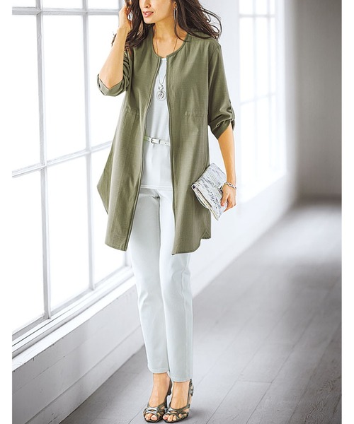 BELLUNA（ベルーナ）の「綿レーヨン麻素材ジッパー使いジャケット（ノーカラージャケット・レディース・カーキ/グレー/ネイビー/オレンジ・MEDIUM/LARGE/X-LARGE/XX-LARGE/XXX-LARGE/XXXX-LARGE）」の11枚目の写真