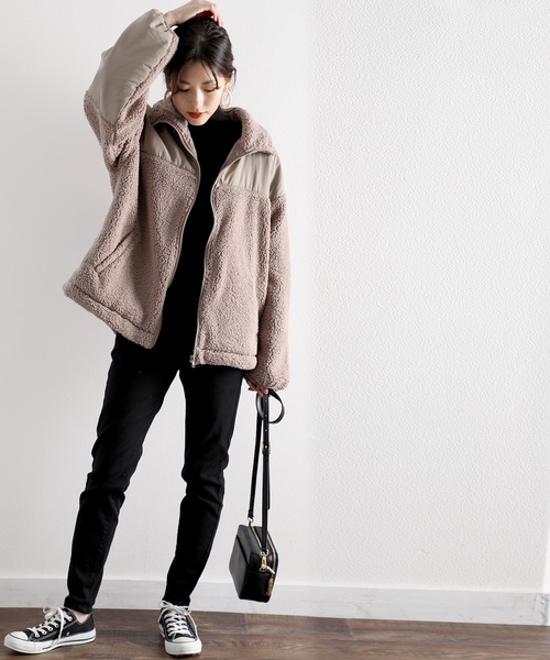 classicalelf（クラシカルエルフ）の「スタンドカラー ミドル丈ツートーン配色ボリューム袖ジャケット（ブルゾン・レディース・グリーン/グレー/アイボリー/ラベンダー/ベージュ/ブラック/ブラウン/パープル・LARGE/MEDIUM）」の20枚目の写真