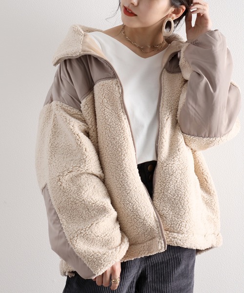 classicalelf（クラシカルエルフ）の「スタンドカラー ミドル丈ツートーン配色ボリューム袖ジャケット（ブルゾン・レディース・グリーン/グレー/アイボリー/ラベンダー/ベージュ/ブラック/ブラウン/パープル・LARGE/MEDIUM）」の17枚目の写真