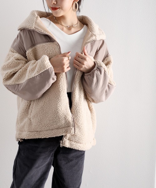 classicalelf（クラシカルエルフ）の「スタンドカラー ミドル丈ツートーン配色ボリューム袖ジャケット（ブルゾン・レディース・グリーン/グレー/アイボリー/ラベンダー/ベージュ/ブラック/ブラウン/パープル・LARGE/MEDIUM）」の12枚目の写真