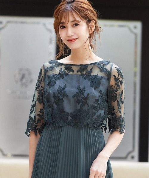 刺繍レース切替え5分袖プリーツロング丈結婚式ワンピース 二次会 成人式 同窓会 謝恩会 お呼ばれ対応フォーマルパーティードレス ドレス ドレス Girl ガール のファッション