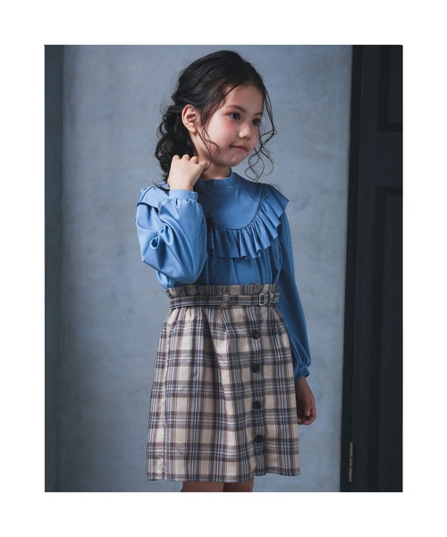 BeBe（ベベ）の「BeBe/ベルト付きビエラチェックボタンひざ上丈タックスカート（90~150cm）（スカート・キッズ・ベージュ/グレー・150/140/130/110/120/100/90）」の3枚目の写真