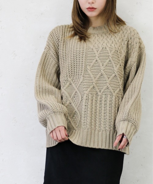 Per sist ence(パーシエンス)の「Per sist ence/パーシエンス ケーブル×畦編み パッチワーク プルオーバー(ニット/セーター・レディース・ベージュ/ブラウン/オフホワイト/ブラック・FREE)」の4枚目の写真