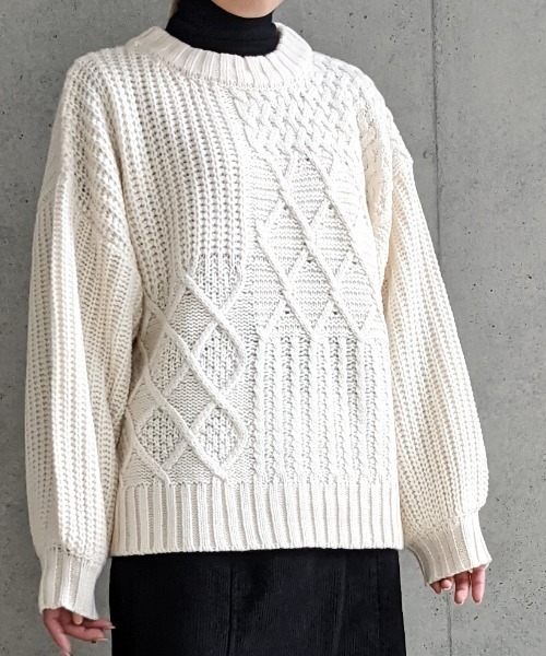 Per sist ence(パーシエンス)の「Per sist ence/パーシエンス ケーブル×畦編み パッチワーク プルオーバー(ニット/セーター・レディース・ベージュ/ブラウン/オフホワイト/ブラック・FREE)」の1枚目の写真