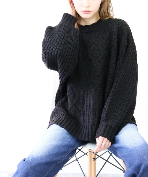 Per sist ence(パーシエンス)の「Per sist ence/パーシエンス ケーブル×畦編み パッチワーク プルオーバー(ニット/セーター・レディース・ベージュ/ブラウン/オフホワイト/ブラック・FREE)」の3枚目の写真