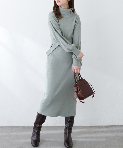 natural couture（ナチュラルクチュール）の「【WEB限定カラー有り】MAYUKOさんコラボお上品ニットワンピース（ワンピース・レディース・ネイビー/ミント/ラベンダー・FREE）」の4枚目の写真