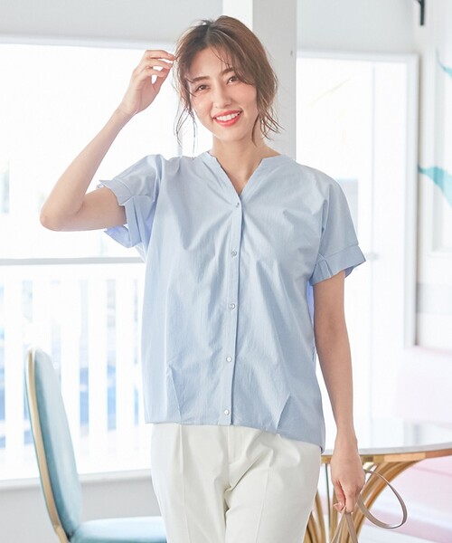 ANY SIS(エニィスィス)の「【洗える】シルケットスキッパー ブラウス(Tシャツ/カットソー・レディース・スカイブルー系1/ライトグリーン系1/ネイビー系1/ベージュ系1・2)」の1枚目の写真