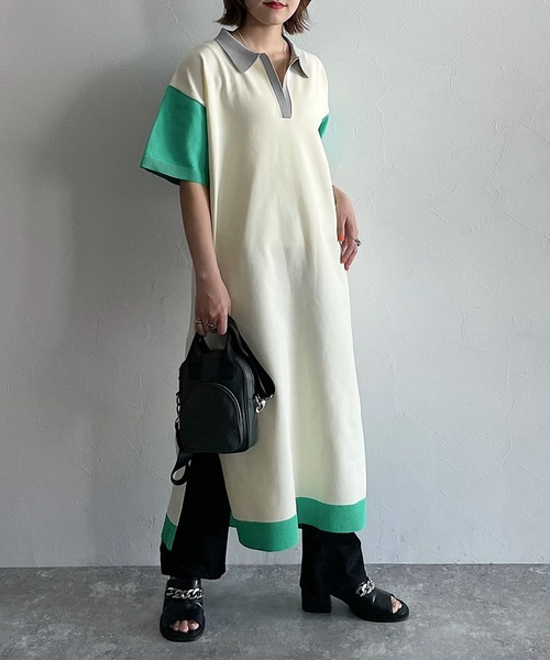 PAGEBOY(ページボーイ)の「バイカラーポロワンピース(ワンピース・レディース・ブラック/オフホワイト・FREE)」の1枚目の写真