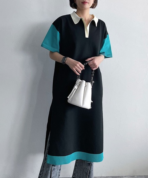 PAGEBOY(ページボーイ)の「バイカラーポロワンピース(ワンピース・レディース・ブラック/オフホワイト・FREE)」の5枚目の写真