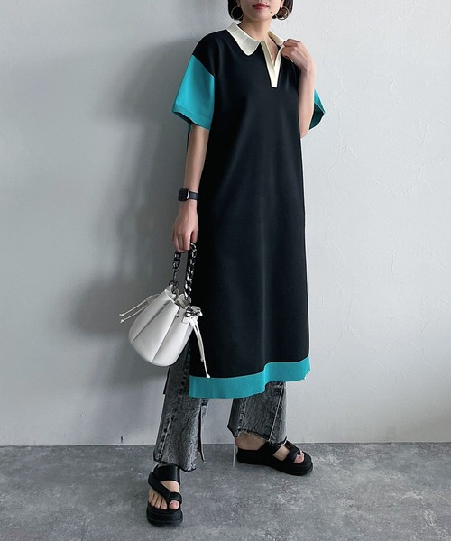 PAGEBOY(ページボーイ)の「バイカラーポロワンピース(ワンピース・レディース・ブラック/オフホワイト・FREE)」の7枚目の写真