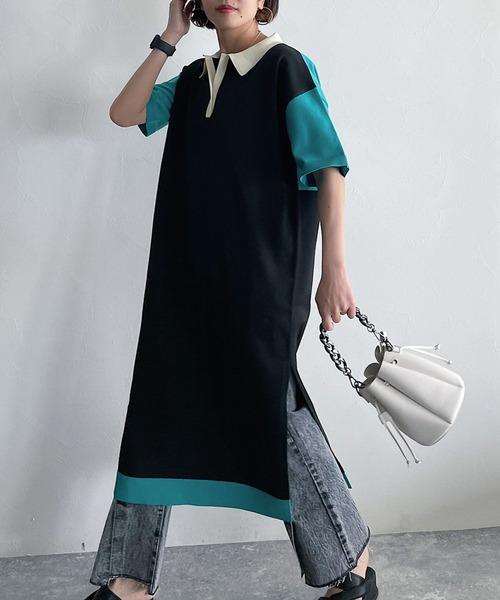 PAGEBOY(ページボーイ)の「バイカラーポロワンピース(ワンピース・レディース・ブラック/オフホワイト・FREE)」の9枚目の写真