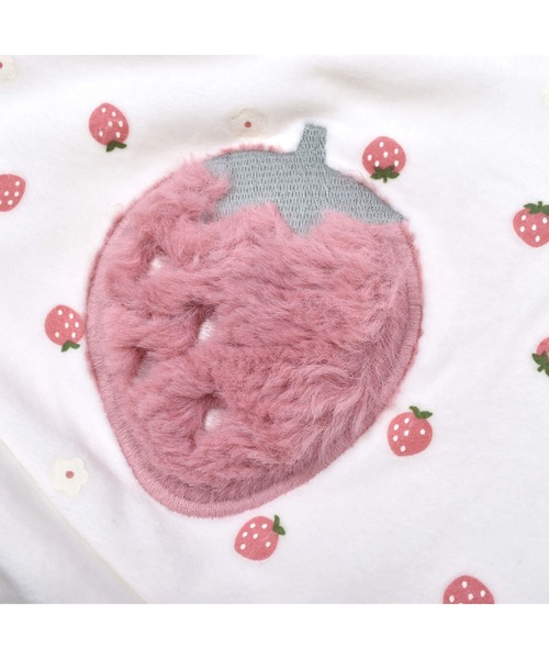 SLAP SLIP BABY（スラップスリップベビー）の「SLAPSLIPBABY/イチゴ花総柄ファーパッチ裏ボアマントベビー(50~90cm)（ポンチョ・キッズ・オフホワイト/ピンク・ONESIZE）」の9枚目の写真