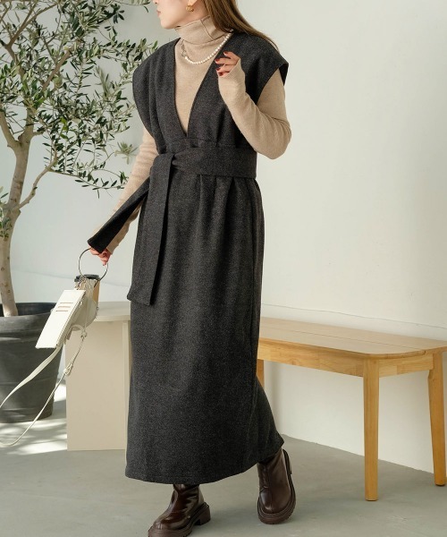 Bab（バブ）の「【低身長向けサイズあり】ウールライクリボンセットジャンスカ（ジャンパースカート・レディース・ブラック/ベージュ・M/S）」の2枚目の写真