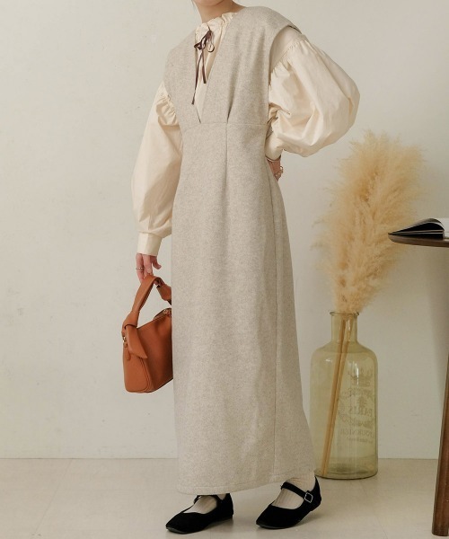 Bab（バブ）の「【低身長向けサイズあり】ウールライクリボンセットジャンスカ（ジャンパースカート・レディース・ブラック/ベージュ・M/S）」の12枚目の写真