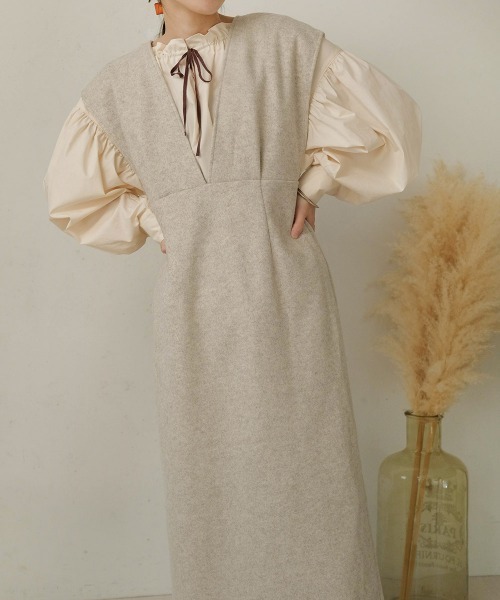 Bab（バブ）の「【低身長向けサイズあり】ウールライクリボンセットジャンスカ（ジャンパースカート・レディース・ブラック/ベージュ・M/S）」の15枚目の写真