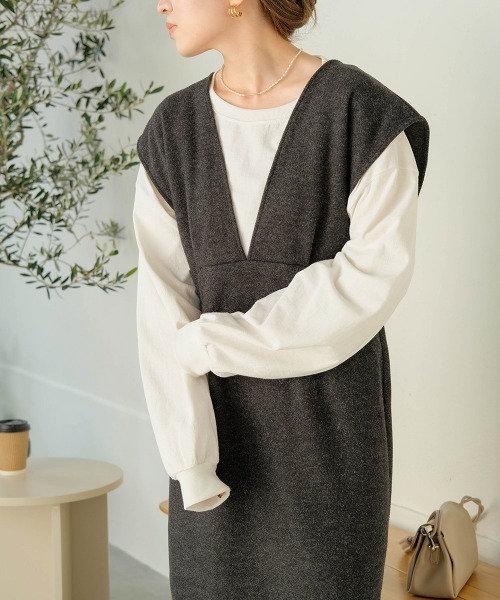 Bab（バブ）の「【低身長向けサイズあり】ウールライクリボンセットジャンスカ（ジャンパースカート・レディース・ブラック/ベージュ・M/S）」の7枚目の写真