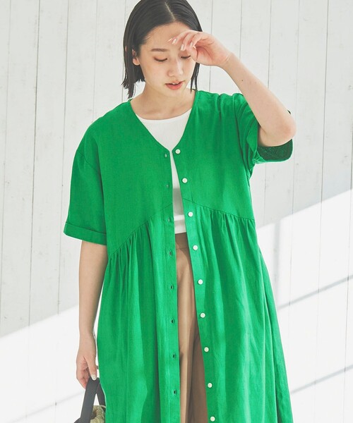 上質国産リネン 5分袖ワンピース ボタニカル 服作り40年の田舎町仕立屋  