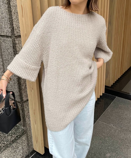 CAPRICIEUX LE'MAGE（カプリシューレマージュ）の「ハーフスリーブプルオーバー（ニット/セーター・レディース・ホワイト/グレー/オレンジ・FREE）」の5枚目の写真