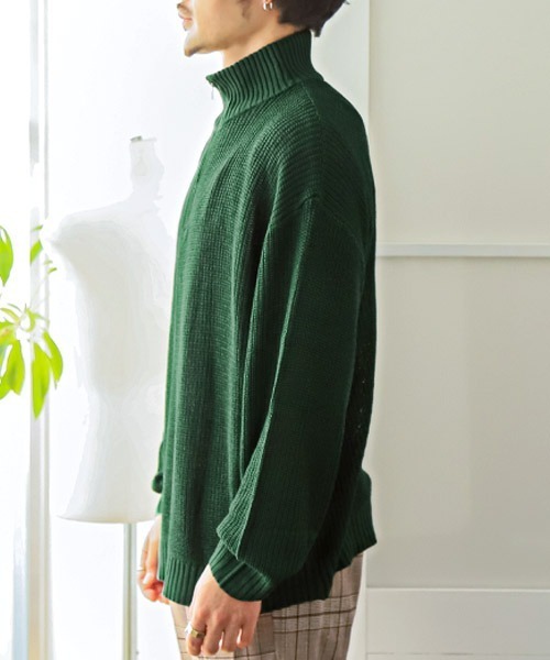 LUXSTYLE(ラグスタイル)の「畦編みハーフZIPニット(ニット/セーター・メンズ・グリーン/ホワイト・M/L)」の4枚目の写真