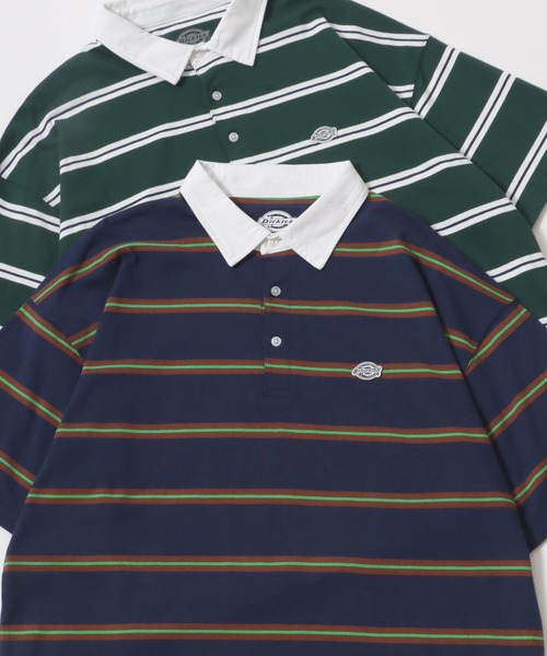 Dickies(ディッキーズ)の「Dickies/ディッキーズ オーバーサイズ ミニロゴワッペン ワンポイント刺繍 マルチボーダー 半袖ラガーシャツ/レディース メンズ(ポロシャツ・メンズ・グリーン/ホワイト/ネイビー/スミクロ・M/L/XL)」の4枚目の写真