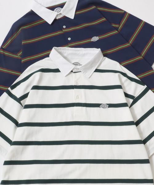 Dickies(ディッキーズ)の「Dickies/ディッキーズ オーバーサイズ ミニロゴワッペン ワンポイント刺繍 マルチボーダー 半袖ラガーシャツ/レディース メンズ(ポロシャツ・メンズ・グリーン/ホワイト/ネイビー/スミクロ・M/L/XL)」の1枚目の写真