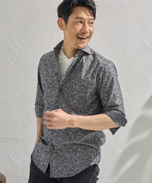 UNION STATION（ユニオンステーション）の「小花柄ジャガード七分袖カッタウェイカラーシャツ（シャツ/ブラウス・メンズ・ブラック/ベージュ/ネイビー・M/L/LL）」の20枚目の写真