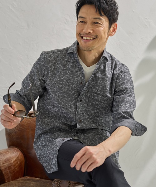 UNION STATION（ユニオンステーション）の「小花柄ジャガード七分袖カッタウェイカラーシャツ（シャツ/ブラウス・メンズ・ブラック/ベージュ/ネイビー・M/L/LL）」の4枚目の写真