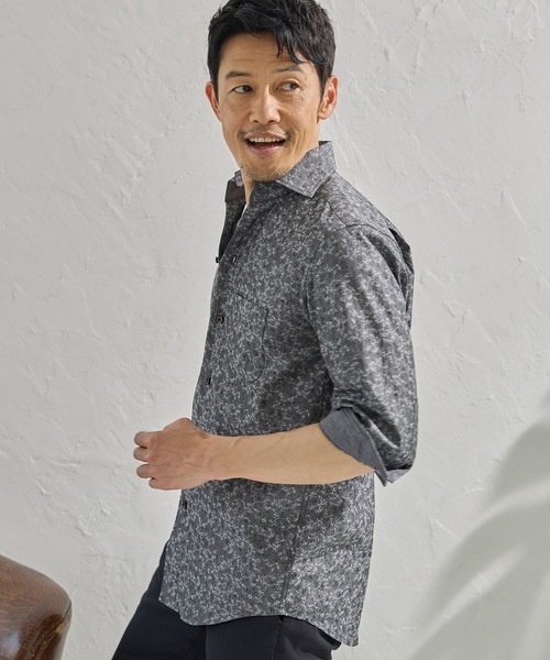 UNION STATION（ユニオンステーション）の「小花柄ジャガード七分袖カッタウェイカラーシャツ（シャツ/ブラウス・メンズ・ブラック/ベージュ/ネイビー・M/L/LL）」の17枚目の写真