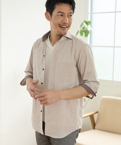 UNION STATION（ユニオンステーション）の「小花柄ジャガード七分袖カッタウェイカラーシャツ（シャツ/ブラウス・メンズ・ブラック/ベージュ/ネイビー・M/L/LL）」の10枚目の写真