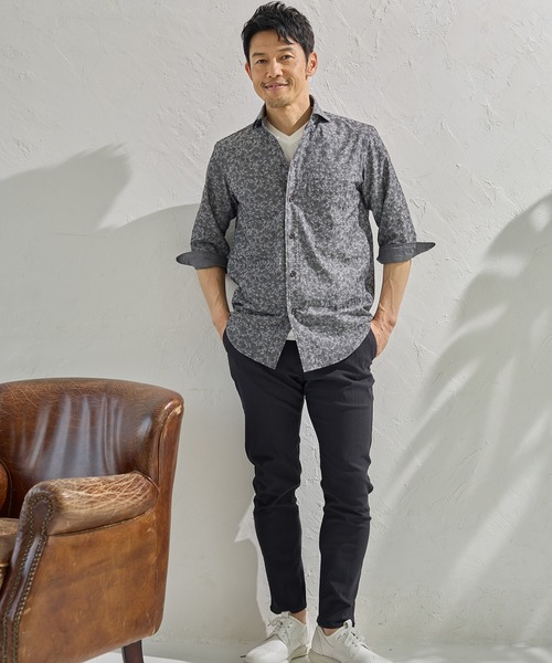 UNION STATION（ユニオンステーション）の「小花柄ジャガード七分袖カッタウェイカラーシャツ（シャツ/ブラウス・メンズ・ブラック/ベージュ/ネイビー・M/L/LL）」の11枚目の写真