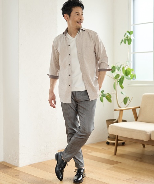 UNION STATION（ユニオンステーション）の「小花柄ジャガード七分袖カッタウェイカラーシャツ（シャツ/ブラウス・メンズ・ブラック/ベージュ/ネイビー・M/L/LL）」の19枚目の写真