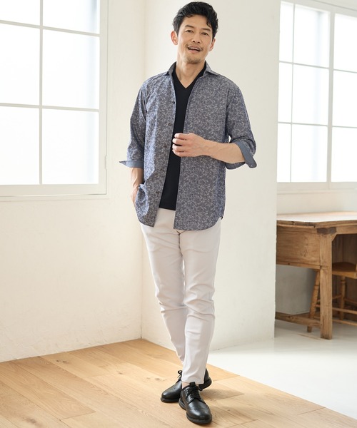 UNION STATION（ユニオンステーション）の「小花柄ジャガード七分袖カッタウェイカラーシャツ（シャツ/ブラウス・メンズ・ブラック/ベージュ/ネイビー・M/L/LL）」の16枚目の写真