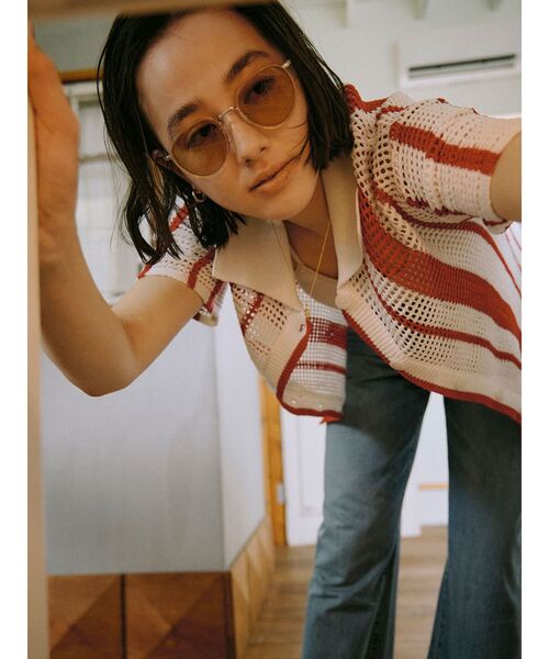 Ungrid（アングリッド）の「メッシュ編みストライプニットカーデ（カーディガン/ボレロ・レディース・ネイビー/レッド・FREE）」の3枚目の写真