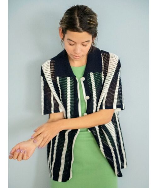 Ungrid（アングリッド）の「メッシュ編みストライプニットカーデ（カーディガン/ボレロ・レディース・ネイビー/レッド・FREE）」の4枚目の写真