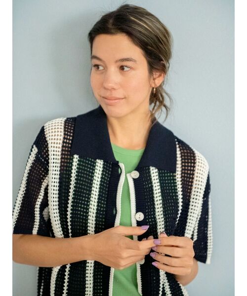 Ungrid（アングリッド）の「メッシュ編みストライプニットカーデ（カーディガン/ボレロ・レディース・ネイビー/レッド・FREE）」の6枚目の写真