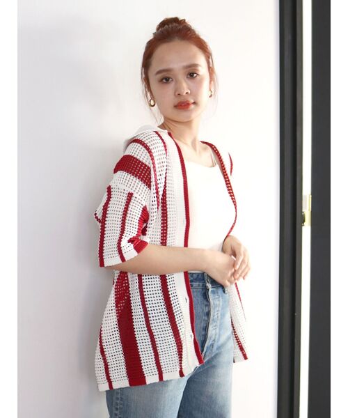 Ungrid（アングリッド）の「メッシュ編みストライプニットカーデ（カーディガン/ボレロ・レディース・ネイビー/レッド・FREE）」の9枚目の写真