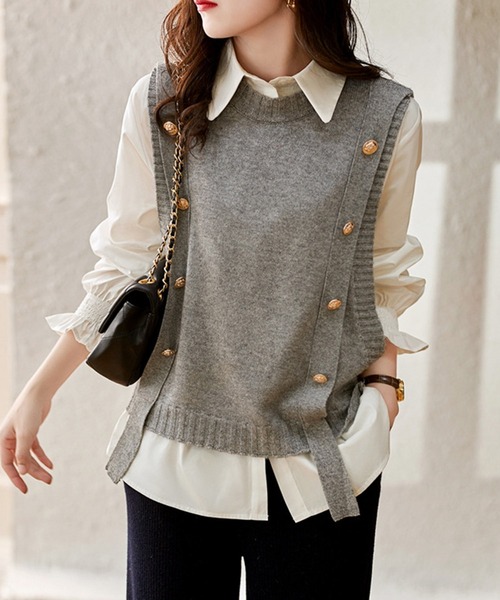 【未使用タグ付き】 カミヤ ディストレストボーダーニットベスト Mサイズ ベスト ジャガード ニット かぶり レディース m.m.o cdk5378t