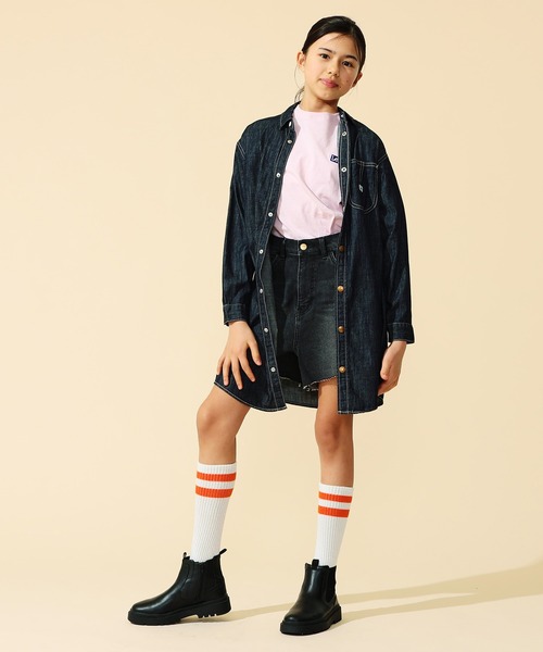 Lee（リー）の「Lee/リー【110cm～150㎝】カバーオールワンピース 軽アウター（シャツワンピース・キッズ・ストライプ/インディゴブルー・140/130/150/110/120）」の2枚目の写真