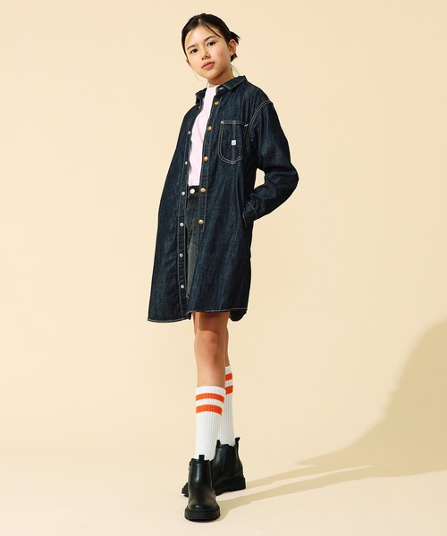 Lee（リー）の「Lee/リー【110cm～150㎝】カバーオールワンピース 軽アウター（シャツワンピース・キッズ・ストライプ/インディゴブルー・140/130/150/110/120）」の6枚目の写真