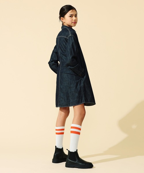 Lee（リー）の「Lee/リー【110cm～150㎝】カバーオールワンピース 軽アウター（シャツワンピース・キッズ・ストライプ/インディゴブルー・140/130/150/110/120）」の8枚目の写真