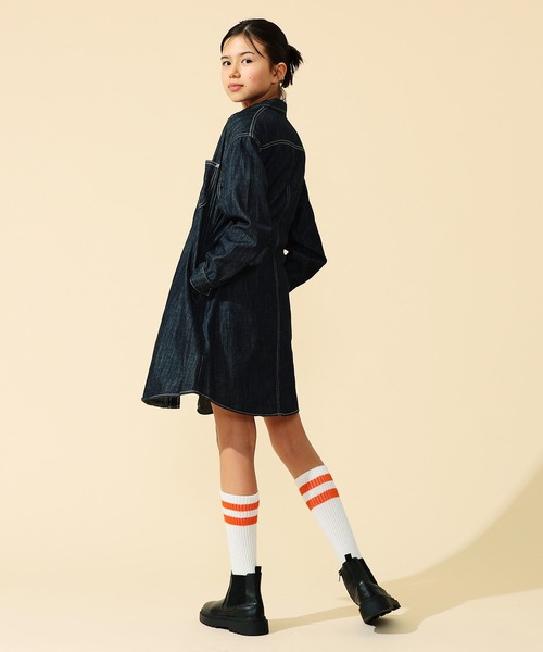 Lee（リー）の「Lee/リー【110cm～150㎝】カバーオールワンピース 軽アウター（シャツワンピース・キッズ・ストライプ/インディゴブルー・140/130/150/110/120）」の9枚目の写真