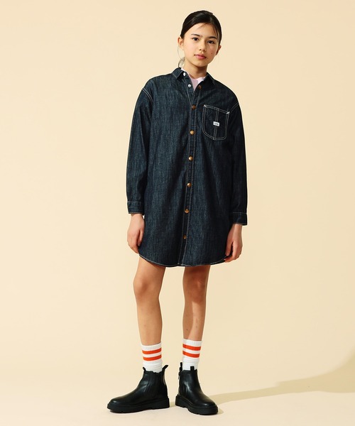 Lee（リー）の「Lee/リー【110cm～150㎝】カバーオールワンピース 軽アウター（シャツワンピース・キッズ・ストライプ/インディゴブルー・140/130/150/110/120）」の11枚目の写真