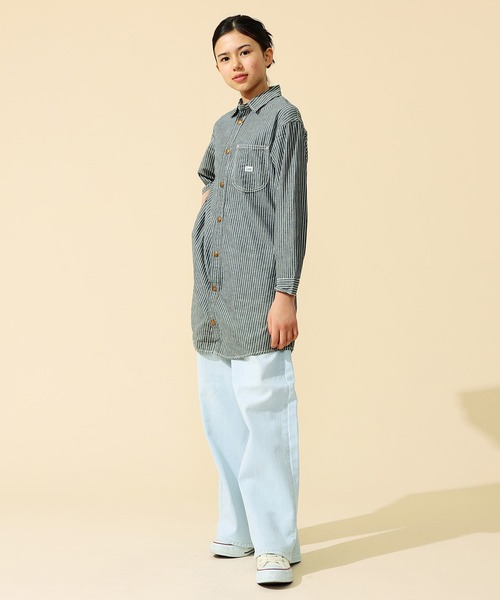 Lee（リー）の「Lee/リー【110cm～150㎝】カバーオールワンピース 軽アウター（シャツワンピース・キッズ・ストライプ/インディゴブルー・140/130/150/110/120）」の17枚目の写真
