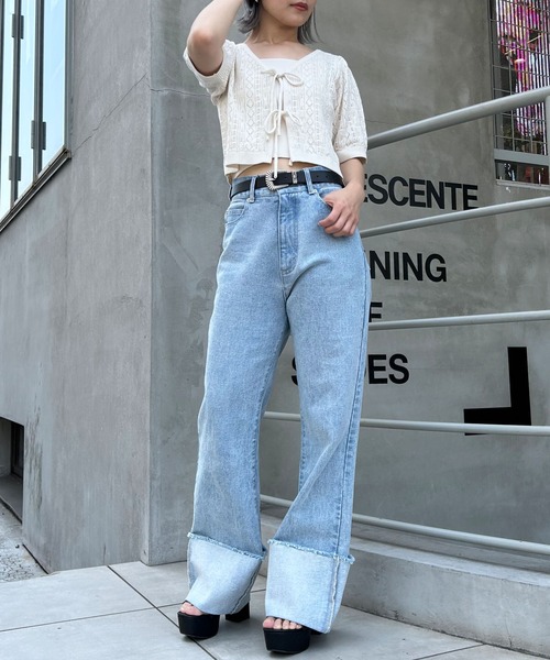 INGNI(イング)の「パターンメッシュフロントリボンニットカーデ+キャミアンサンブル(アンサンブル・レディース・オフホワイト/ブラック/ピンク・M)」の4枚目の写真