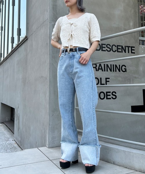 INGNI(イング)の「パターンメッシュフロントリボンニットカーデ+キャミアンサンブル(アンサンブル・レディース・オフホワイト/ブラック/ピンク・M)」の16枚目の写真