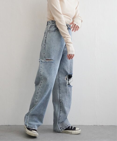 VENCEEXCHANGE（ヴァンスエクスチェンジ）の「ダメージワイドデニムパンツ（デニムパンツ・レディース・ブルー/グレー/ブラック/ネイビー・M/S）」の4枚目の写真